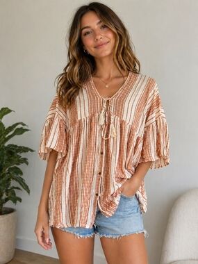 Carly Jean Los Angeles Textured Stripe Boho Coastal Tunic Top Size M